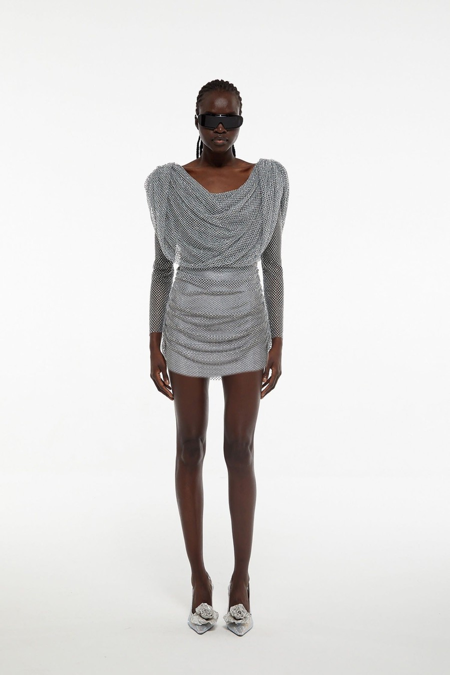 Dresses GIUSEPPE DI MORABITO | Giuseppe Di Morabito Long Sleeve Hooded Mini Dress In Crystal Net