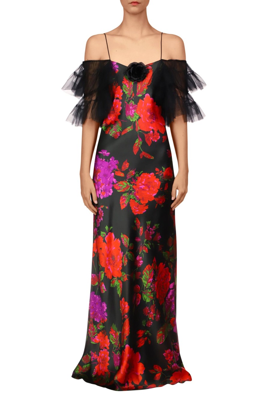 Dresses RODARTE | Rodarte Floral Printed Silk Bias Slip Gown With Ruffle Sleeves And Sil