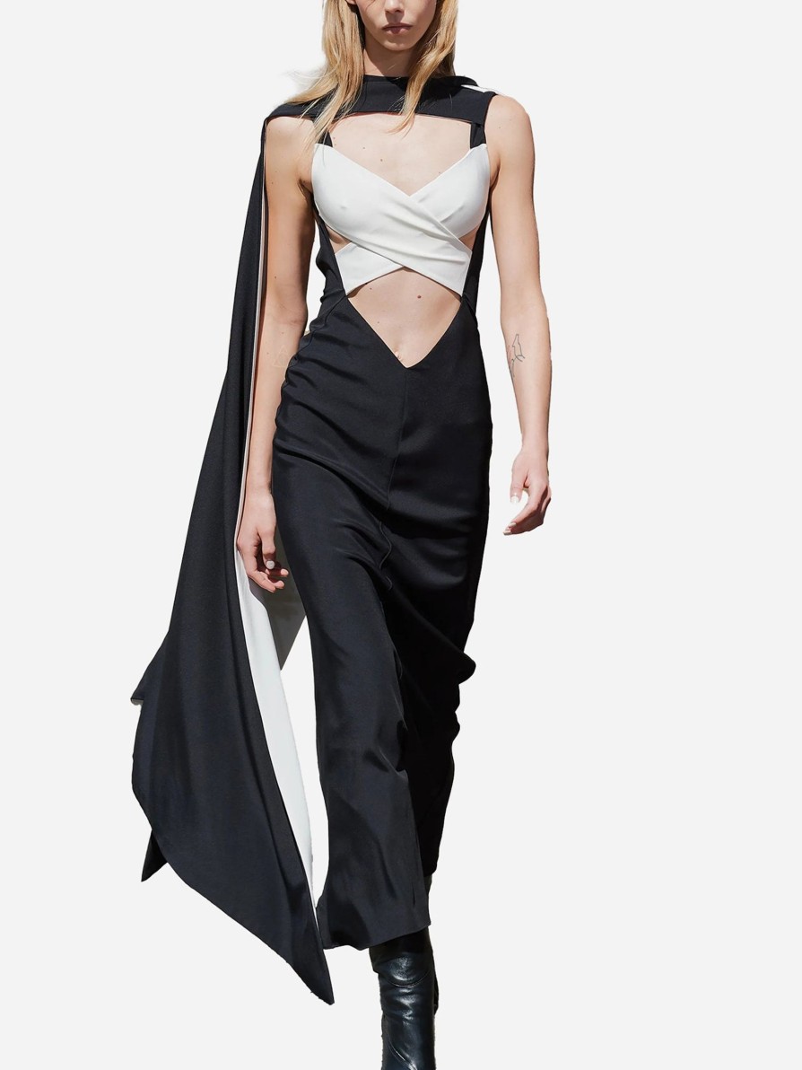 Dresses RODARTE | Rodarte Silk Crepe Dress With Crossover Cape Black/White