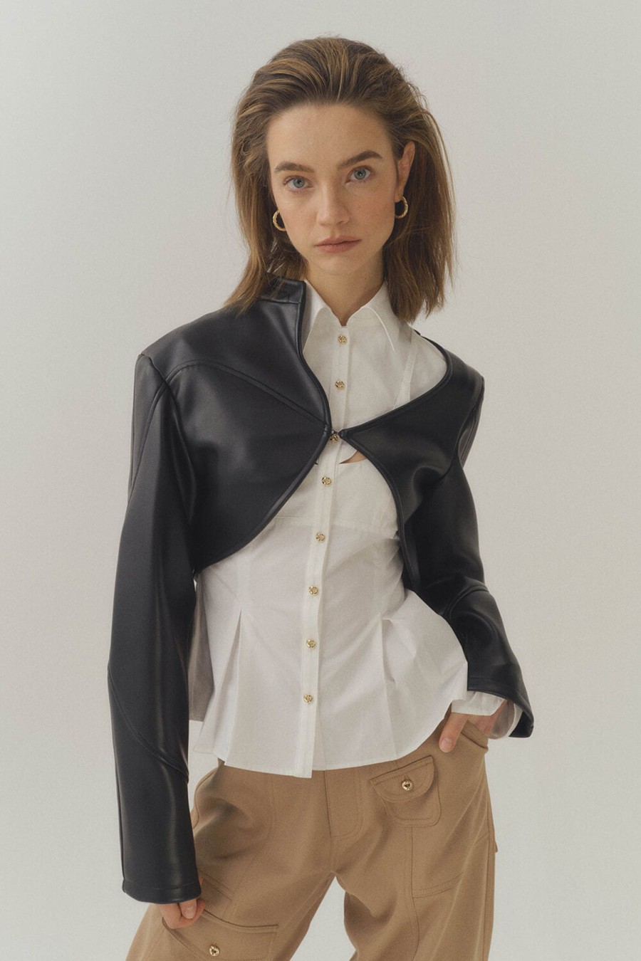 Blazers & Jackets HAN WEN STUDIO | Han Wen Leather Assym Off-Shoulder Cropped Jacket Black Leather